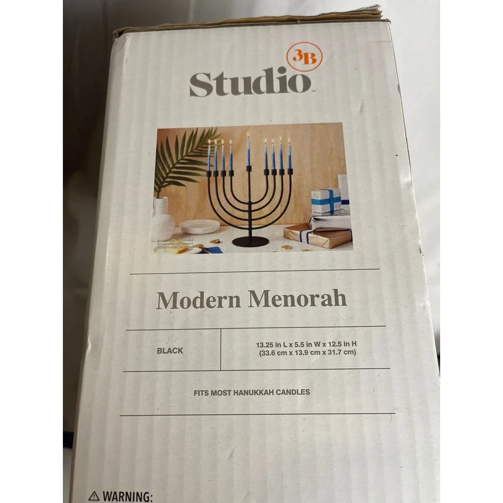 Studio3B Modern Menorah Black Matte Metal Hanukkah Candelabra Minimalist 13.25in